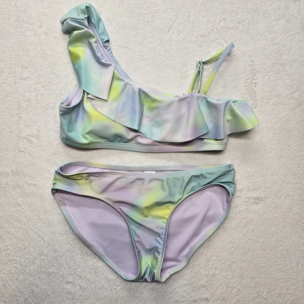 Justice Bikini Set Tie Dye Ruffle One Shoulder‎ Pastel Girls L 12/14